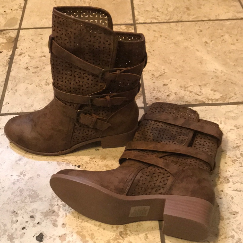 Buckled, patterned leather boots